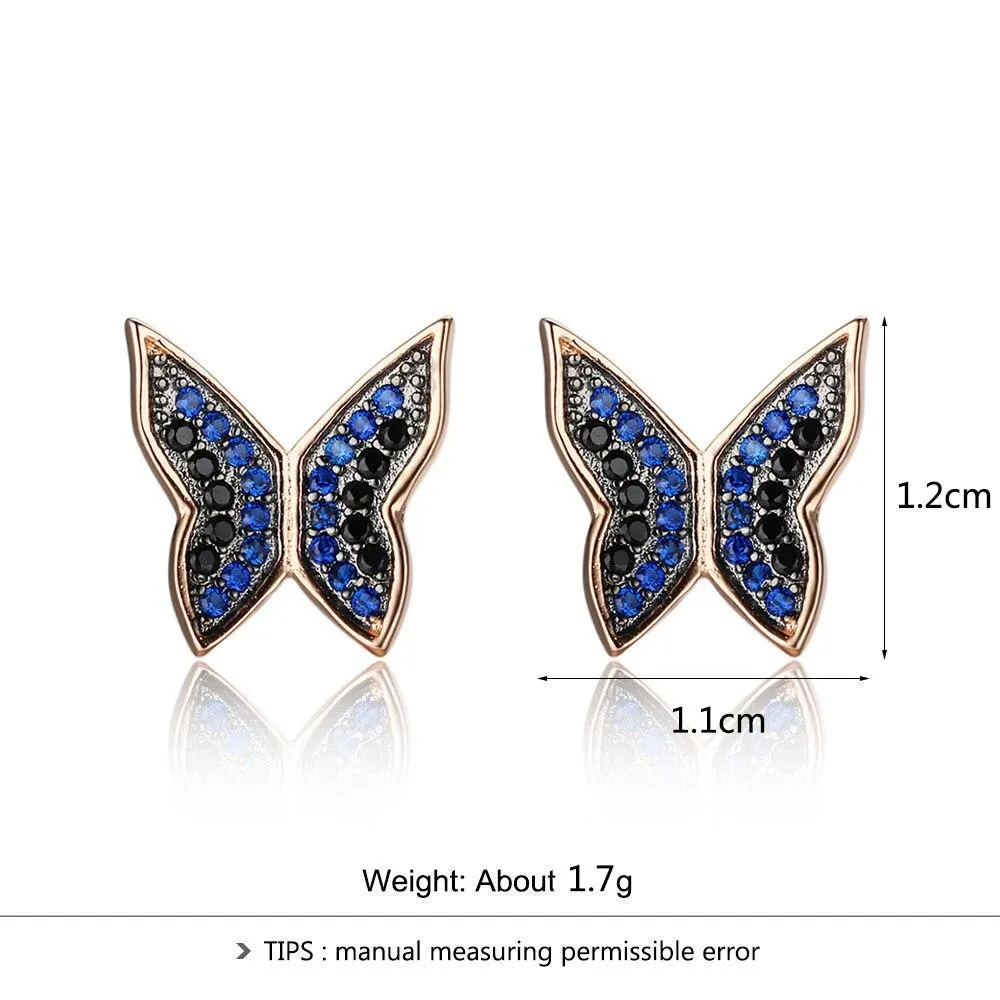 Cute 925 Silver Blue & Black CZ Butterfly Stud Earrings for Women, Best Fashion Gift Jewelry