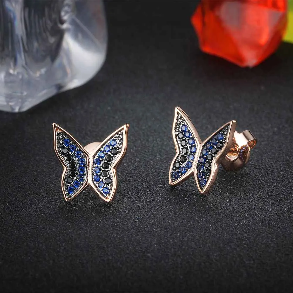 Cute 925 Silver Blue & Black CZ Butterfly Stud Earrings for Women, Best Fashion Gift Jewelry