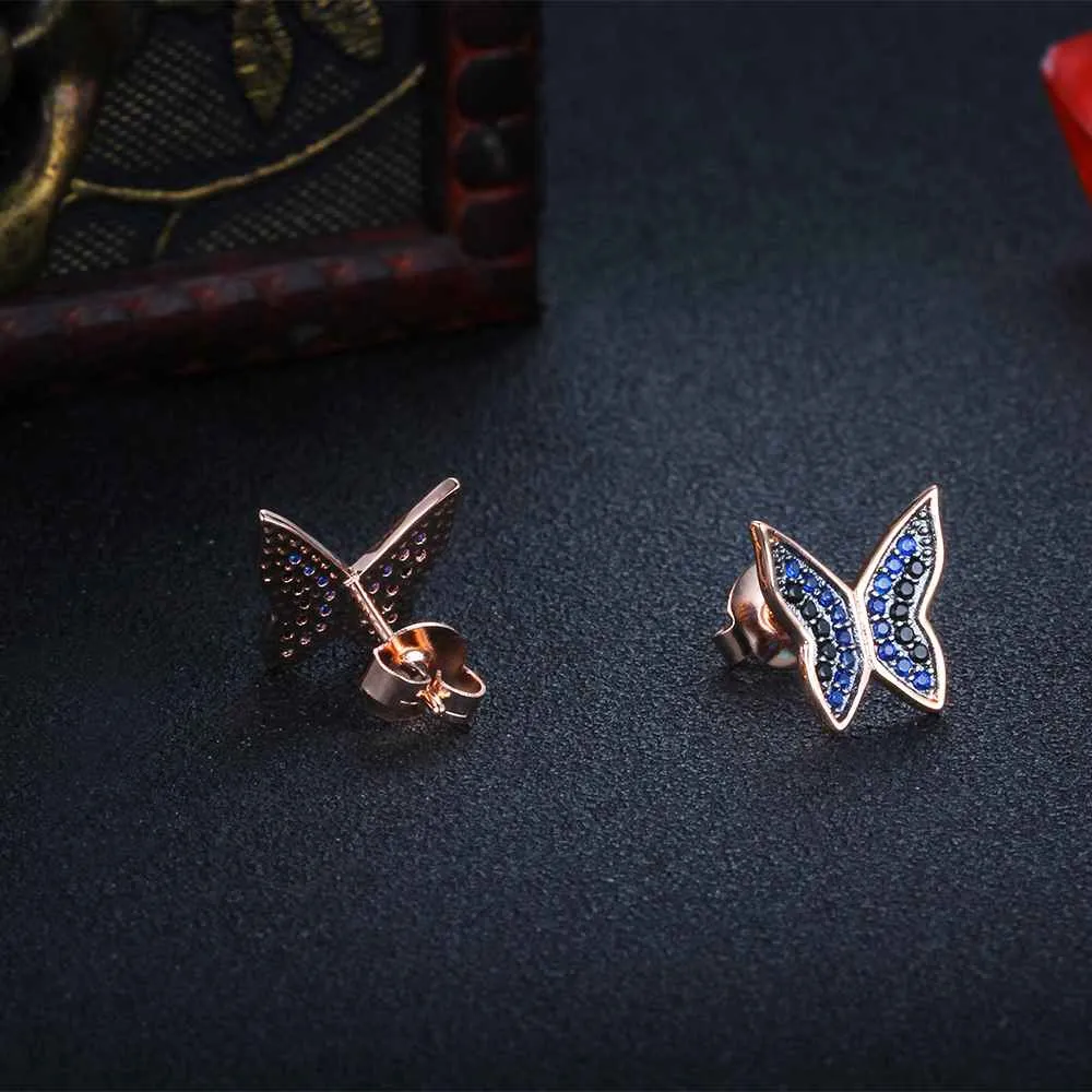 Cute 925 Silver Blue & Black CZ Butterfly Stud Earrings for Women, Best Fashion Gift Jewelry