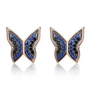 Cute 925 Silver Blue & Black CZ Butterfly Stud Earrings for Women, Best Fashion Gift Jewelry