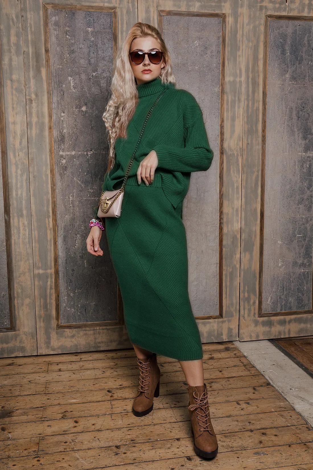 Diagonal Rib Knit High Neck Sweater