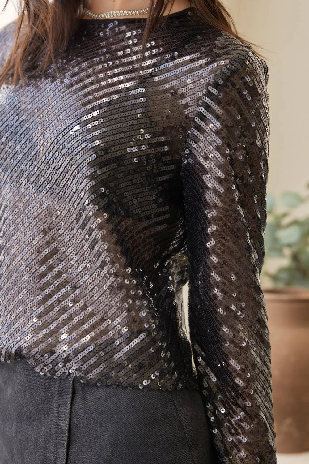 Diagonal Sequin Crop Top (Black)