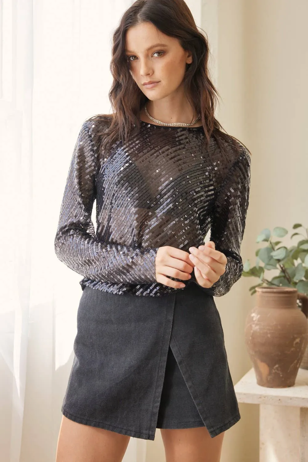 Diagonal Sequin Crop Top (Black)