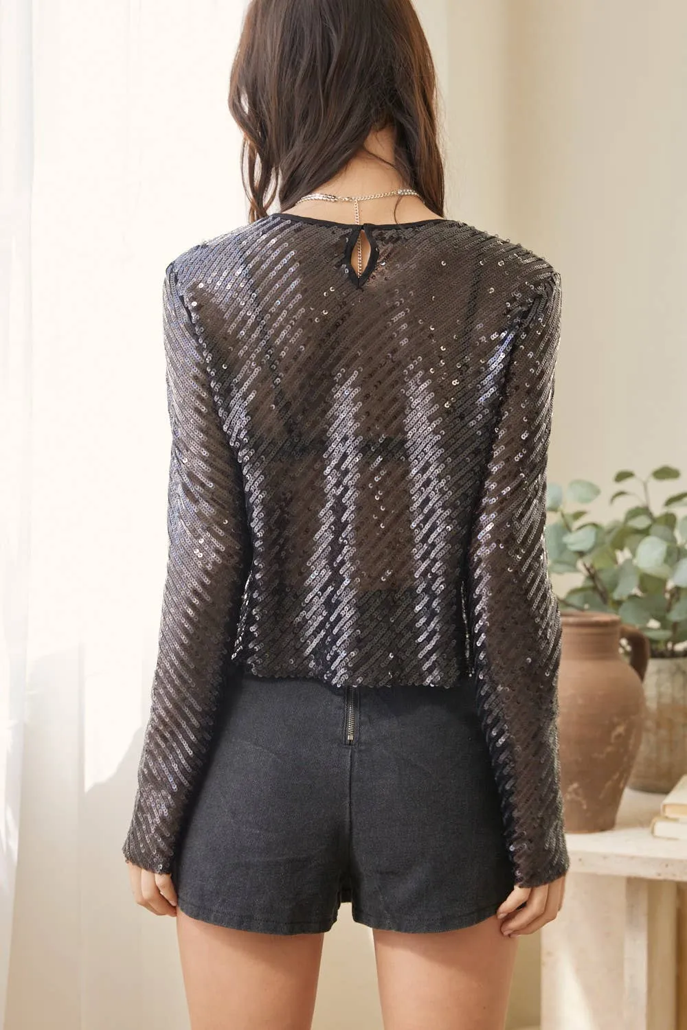 Diagonal Sequin Crop Top (Black)