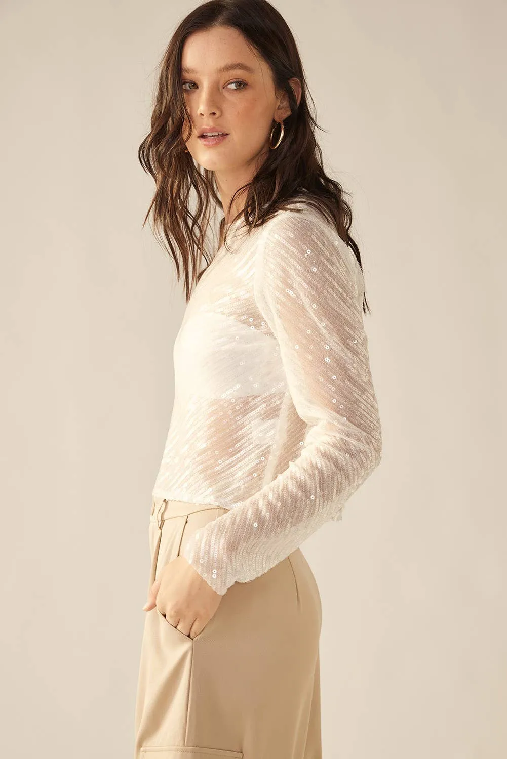 Diagonal Sequin Crop Top (White)