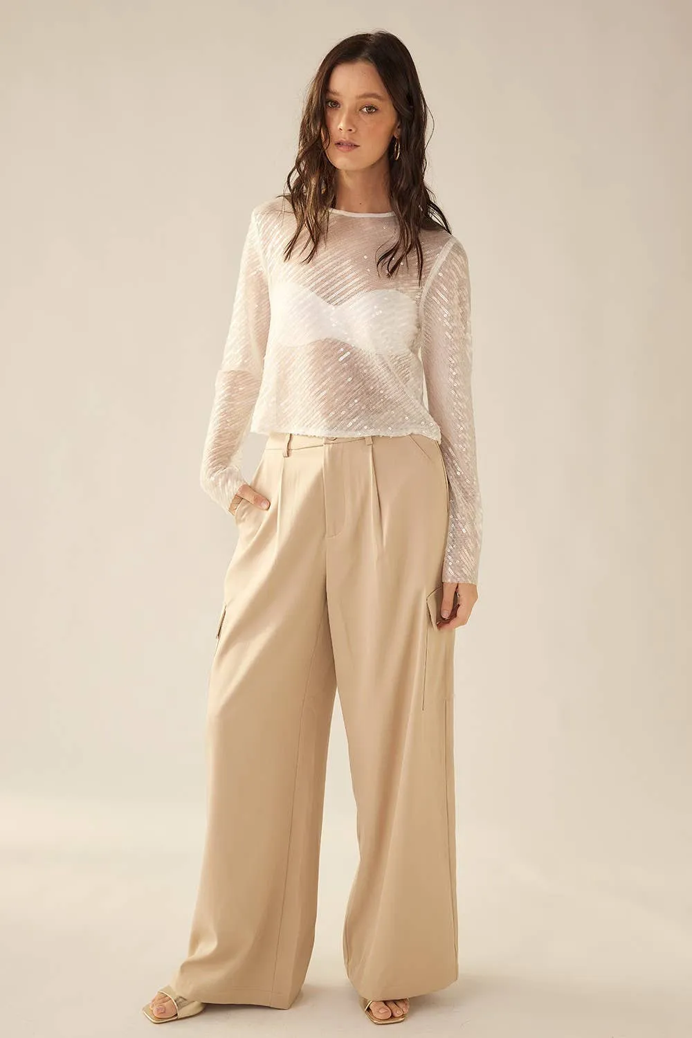 Diagonal Sequin Crop Top (White)