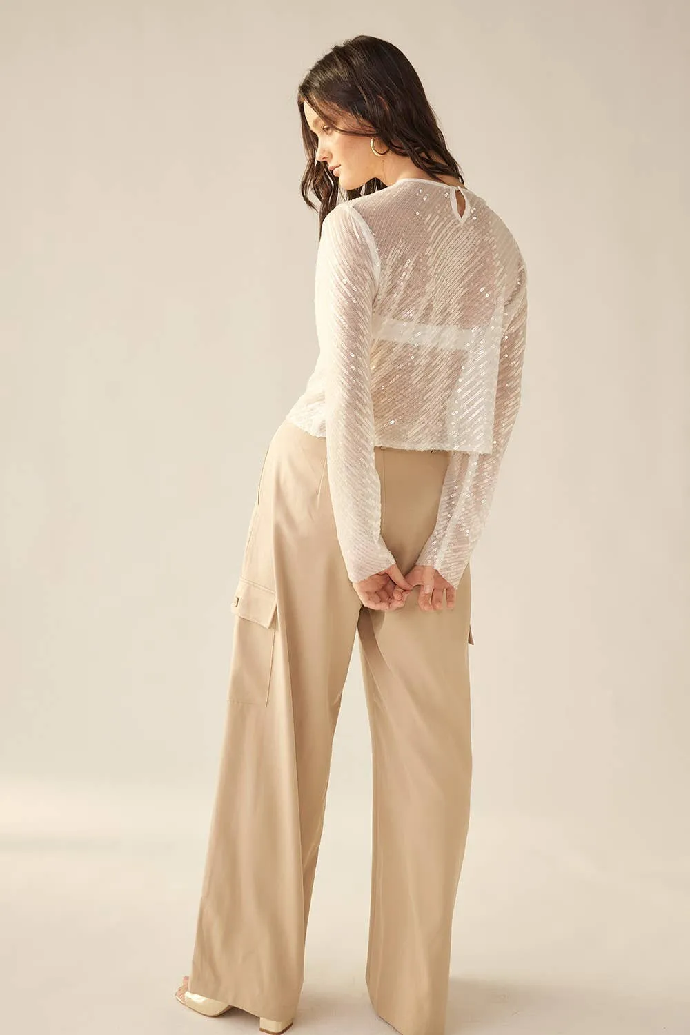 Diagonal Sequin Crop Top (White)