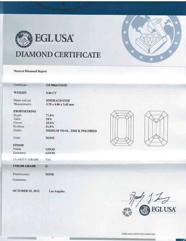 Emerald Cut Diamond EGL USA Certified 0.86ct G-VS1