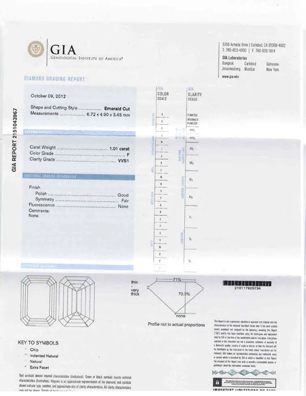 Emerald Cut Diamond GIA Certified 1.01ct F-VVS1