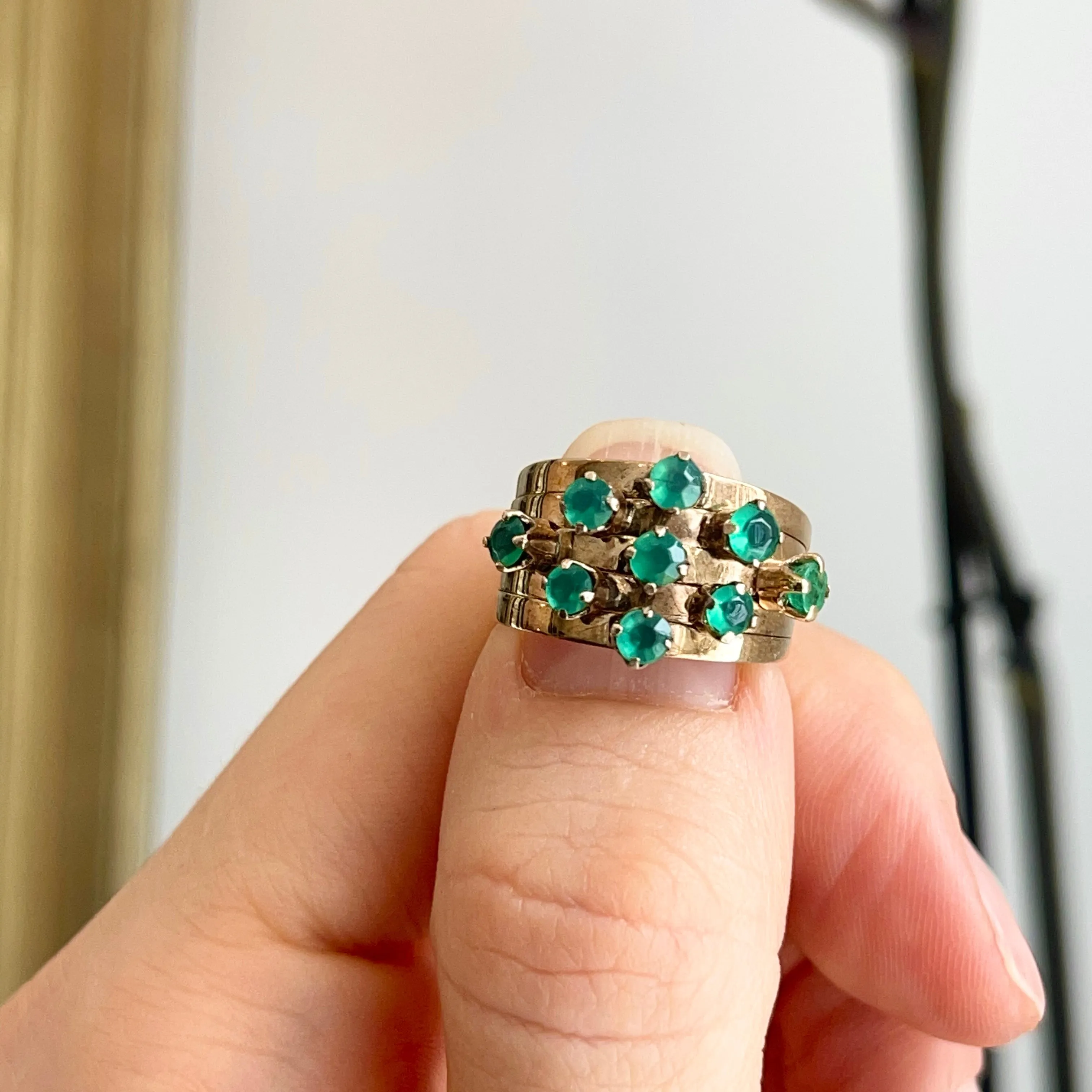 Estate 14KT Yellow Gold 9 Emerald Multi-Band Ring