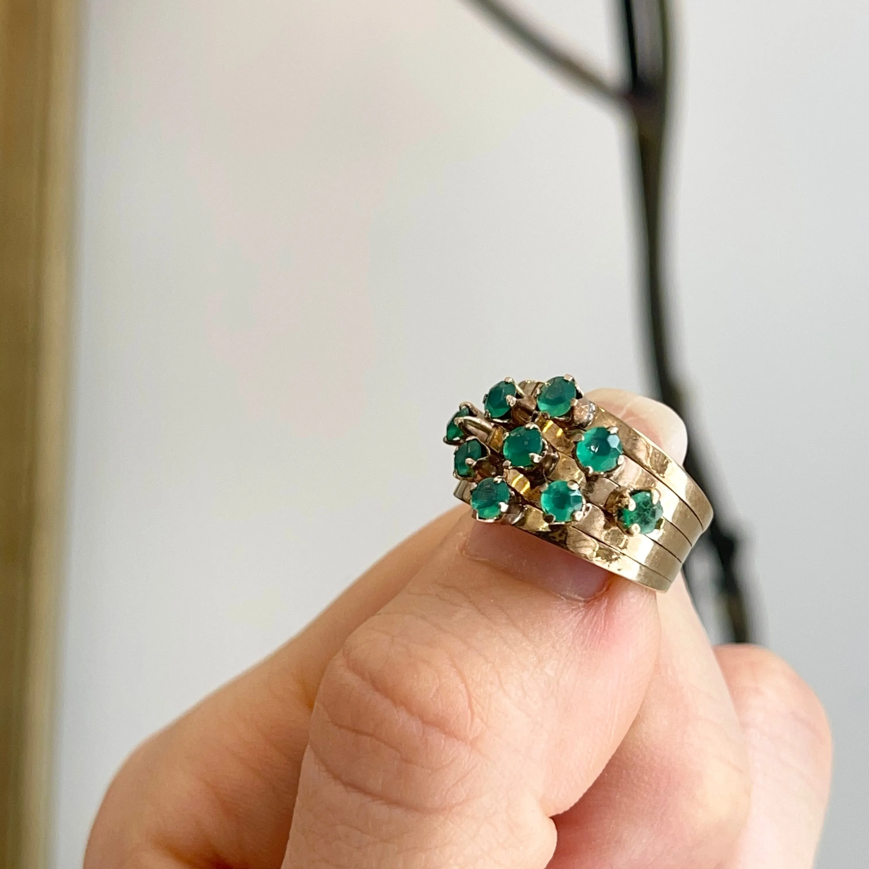 Estate 14KT Yellow Gold 9 Emerald Multi-Band Ring