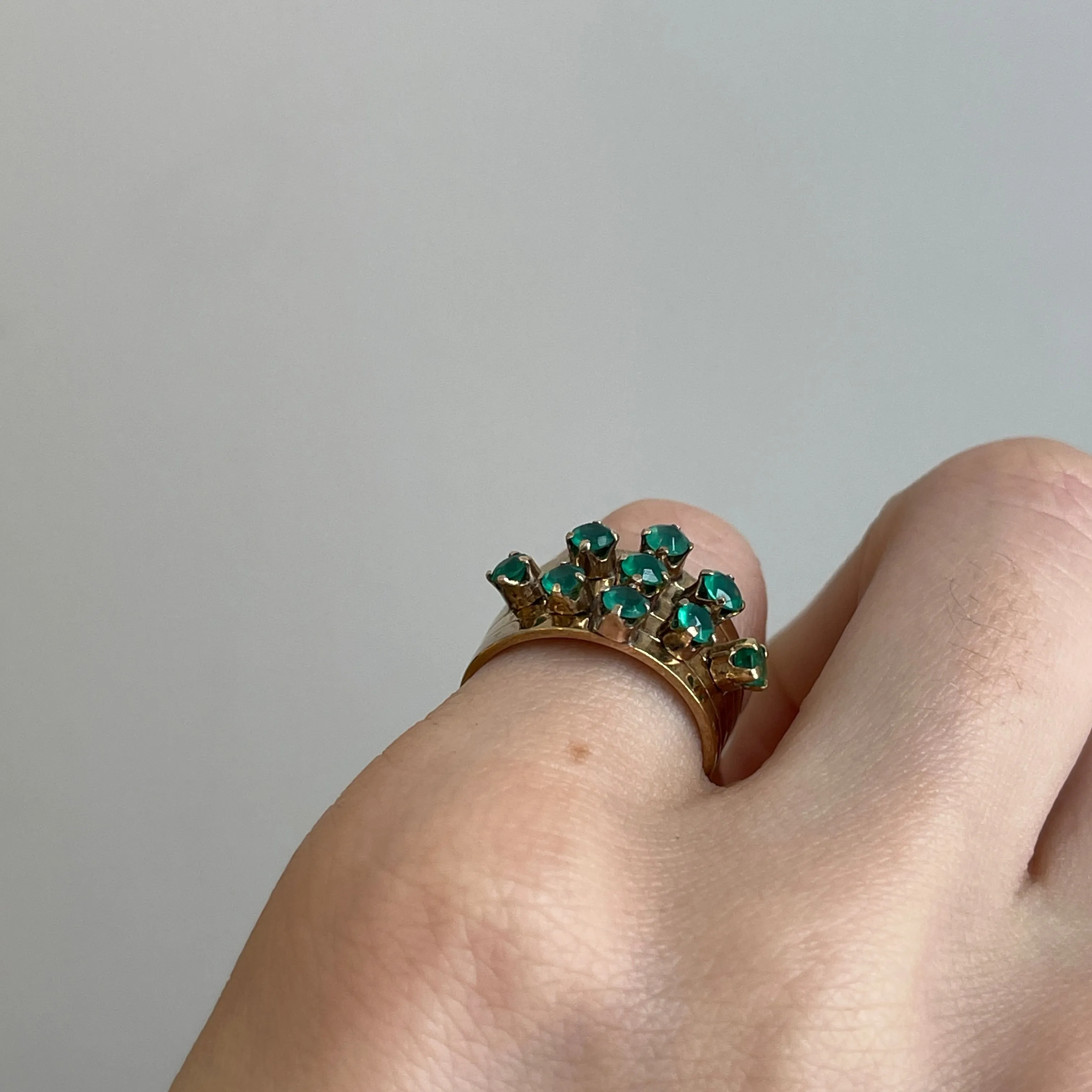 Estate 14KT Yellow Gold 9 Emerald Multi-Band Ring