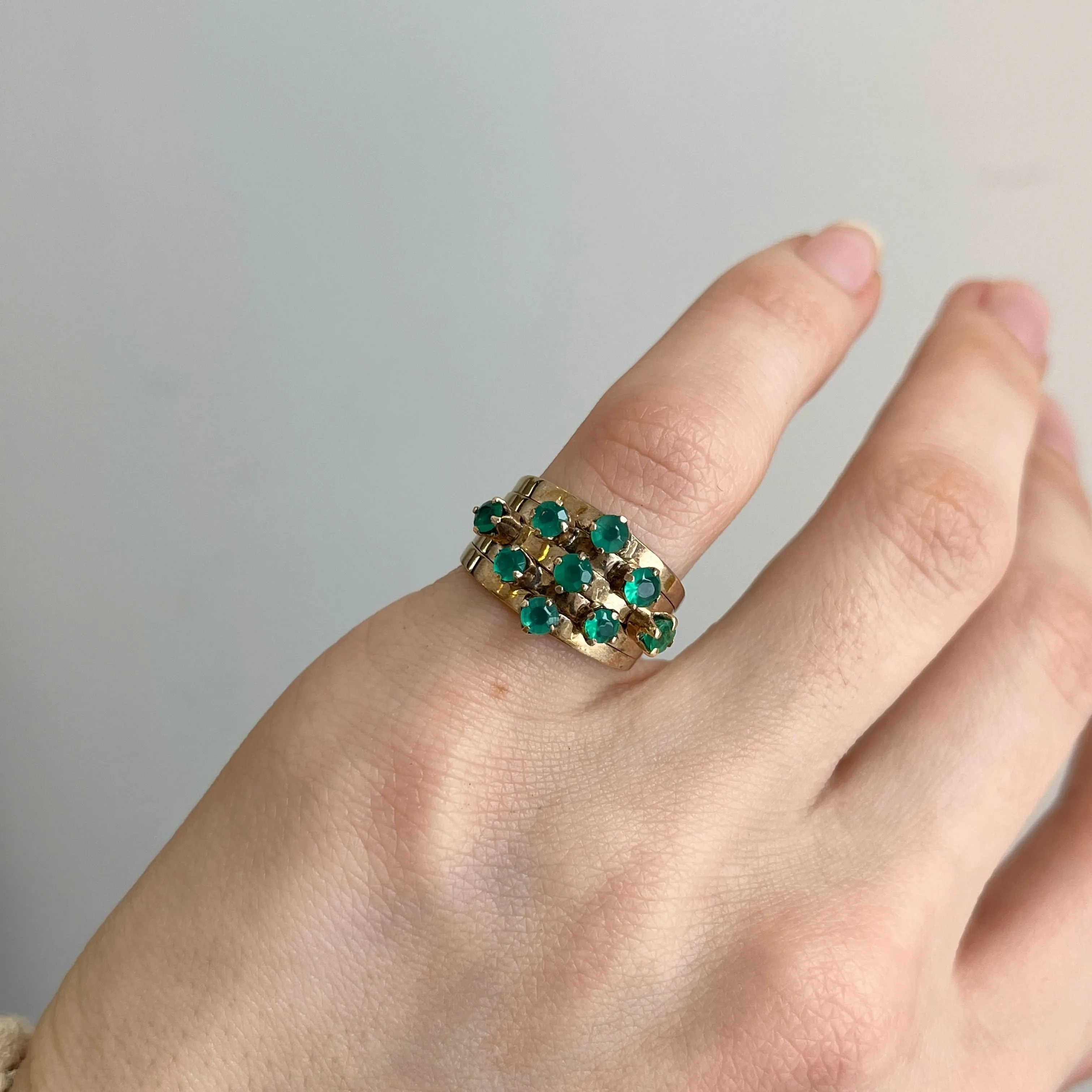 Estate 14KT Yellow Gold 9 Emerald Multi-Band Ring