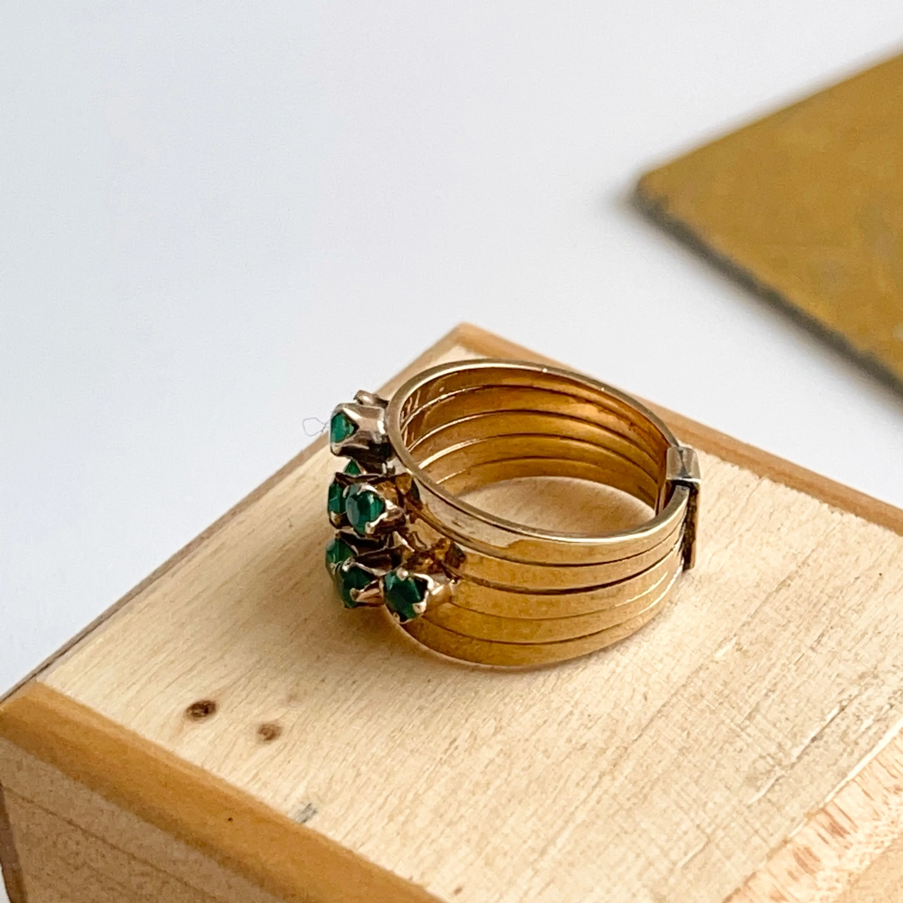 Estate 14KT Yellow Gold 9 Emerald Multi-Band Ring