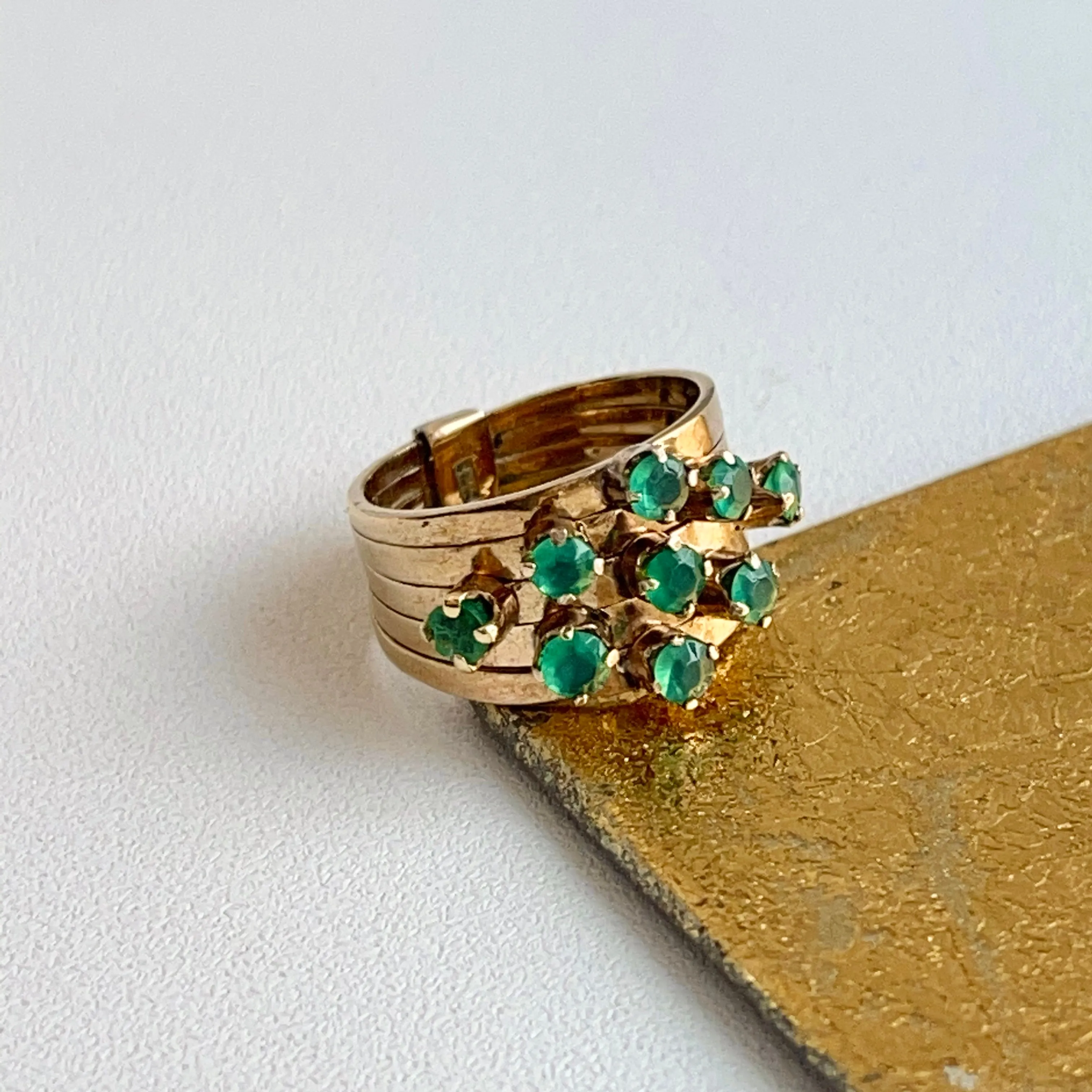 Estate 14KT Yellow Gold 9 Emerald Multi-Band Ring