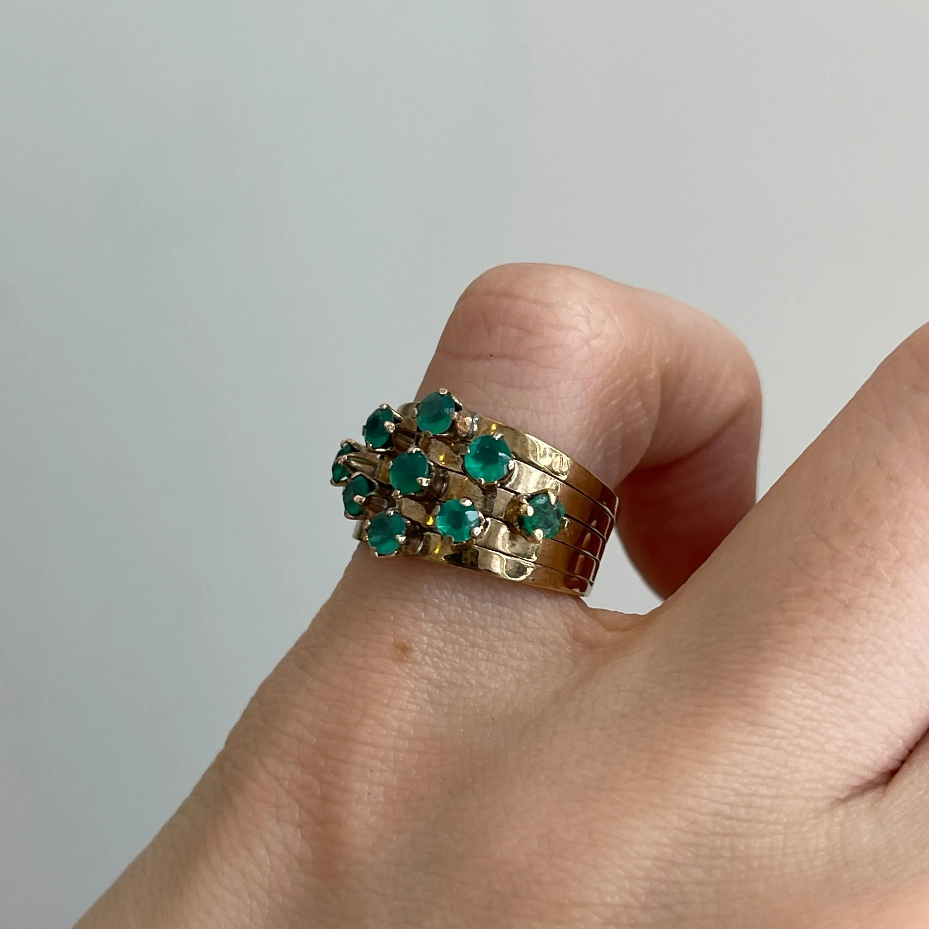 Estate 14KT Yellow Gold 9 Emerald Multi-Band Ring