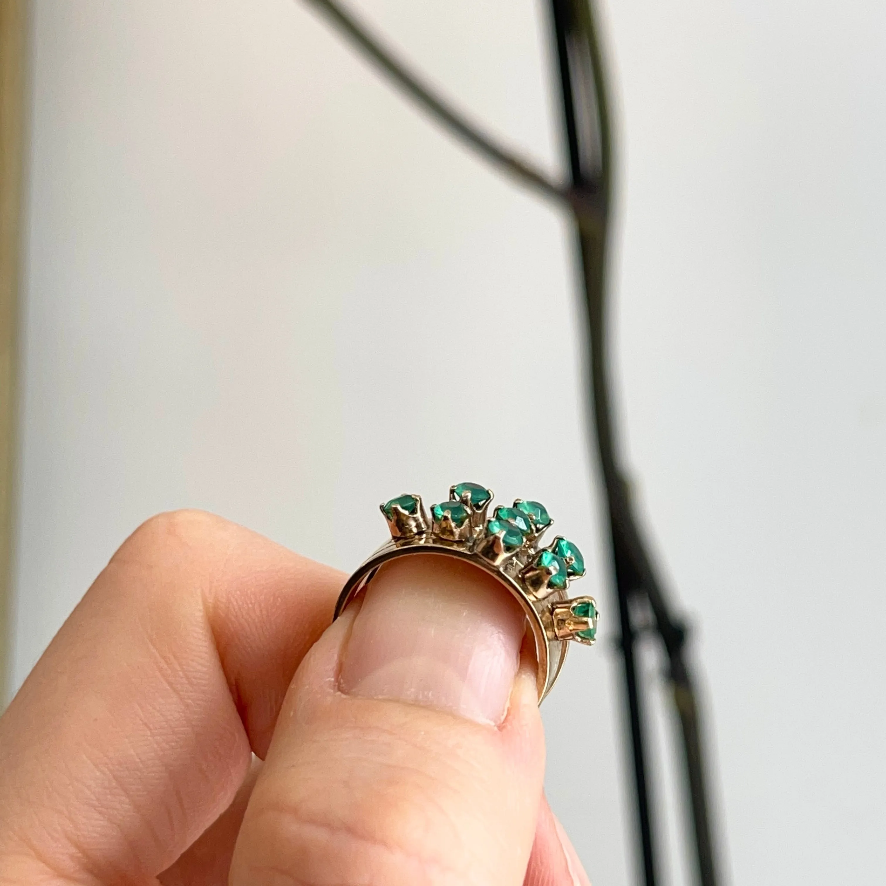 Estate 14KT Yellow Gold 9 Emerald Multi-Band Ring