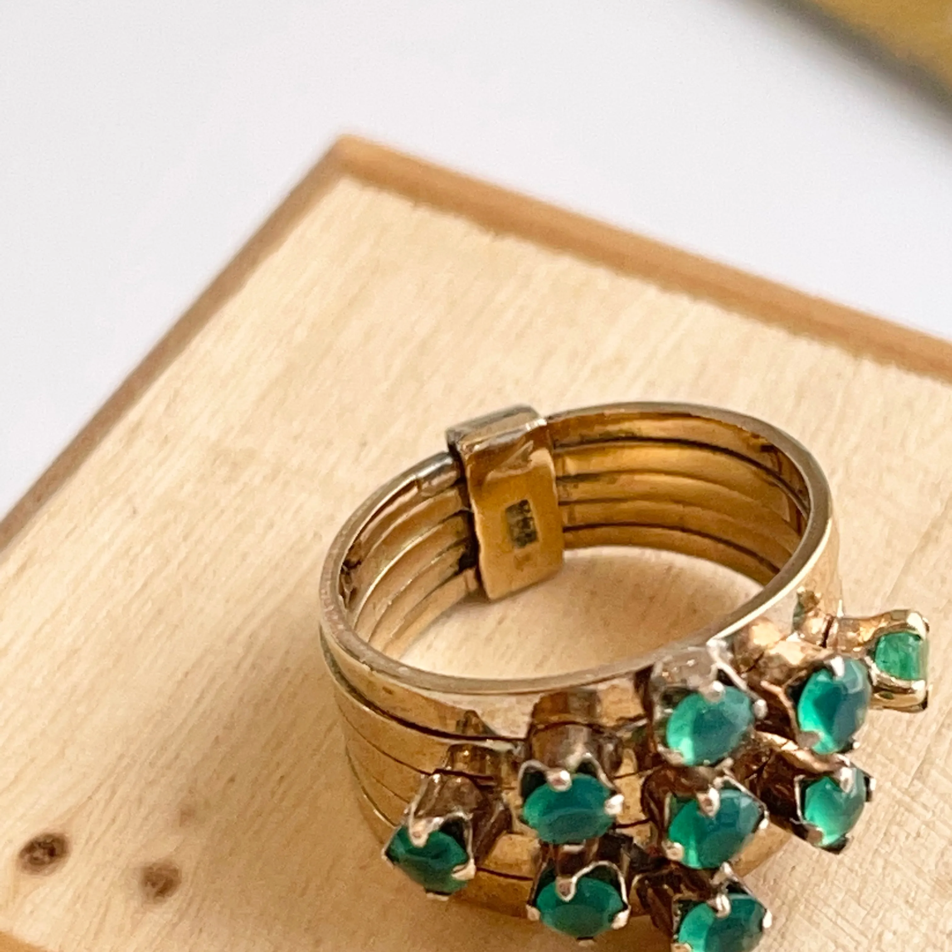 Estate 14KT Yellow Gold 9 Emerald Multi-Band Ring