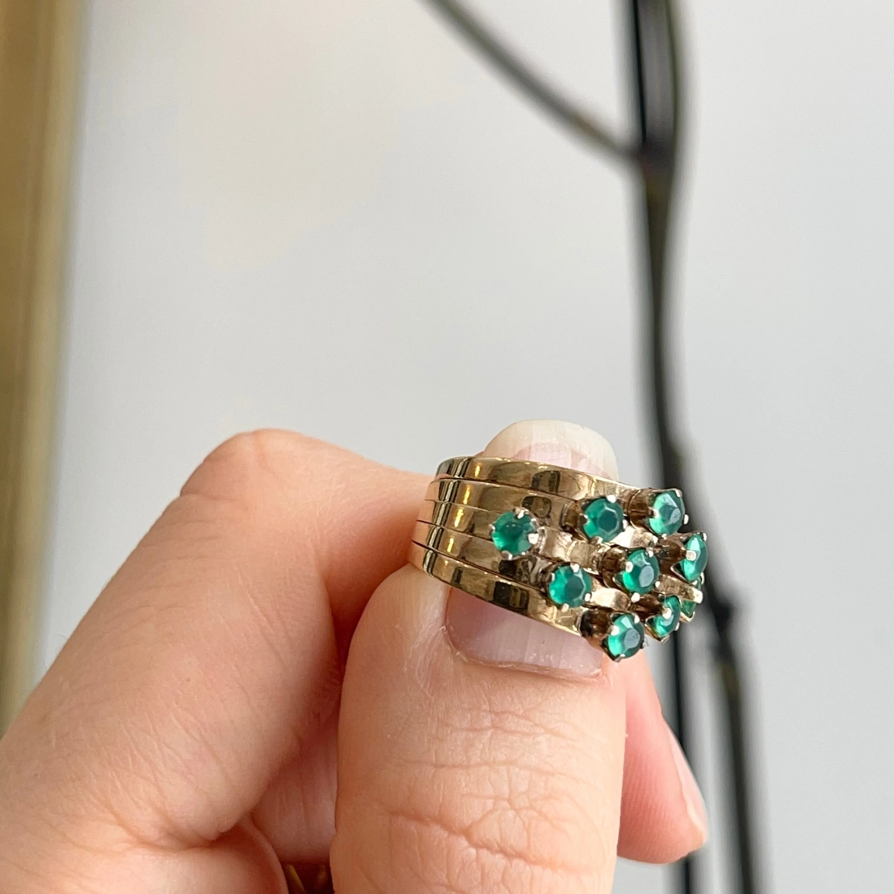 Estate 14KT Yellow Gold 9 Emerald Multi-Band Ring