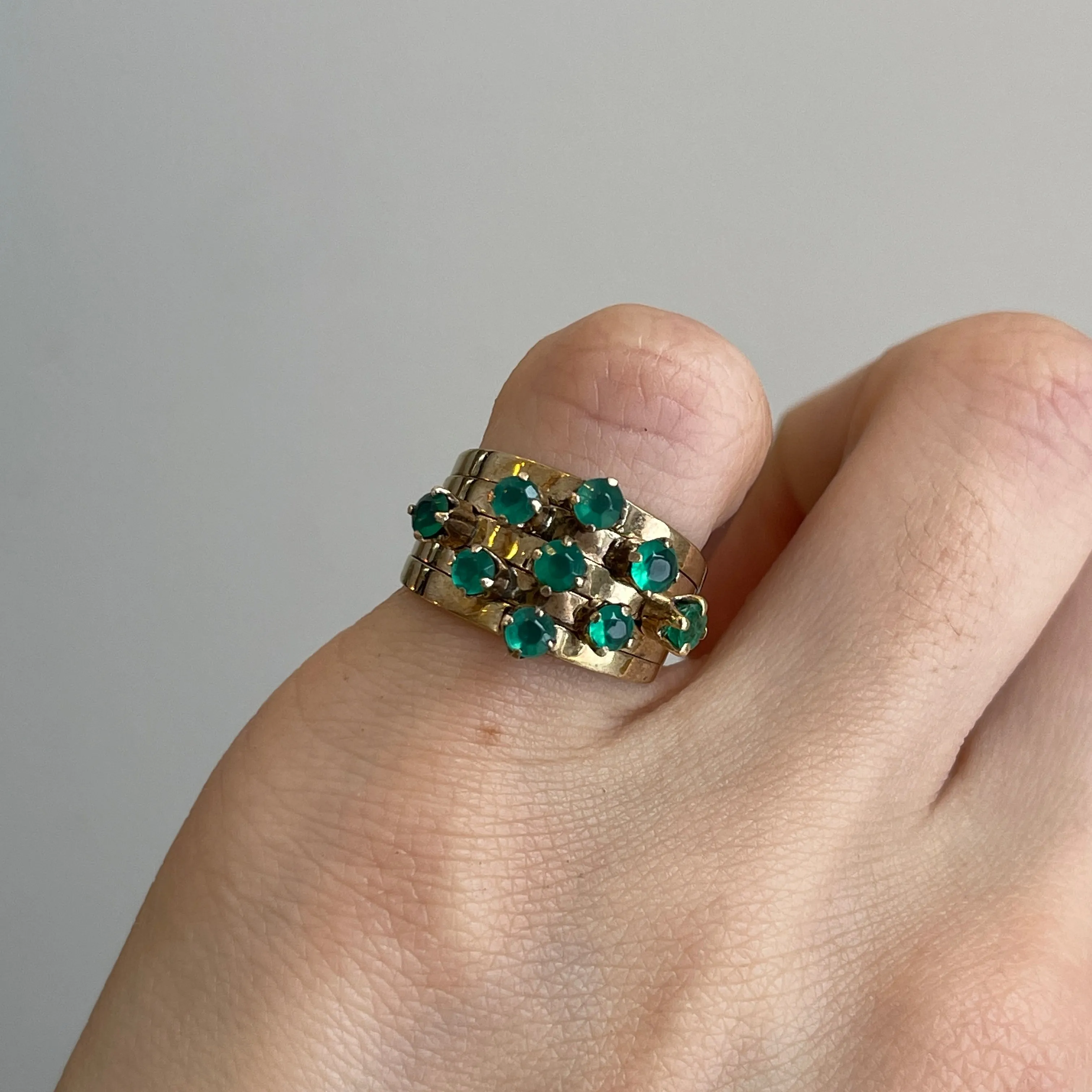 Estate 14KT Yellow Gold 9 Emerald Multi-Band Ring