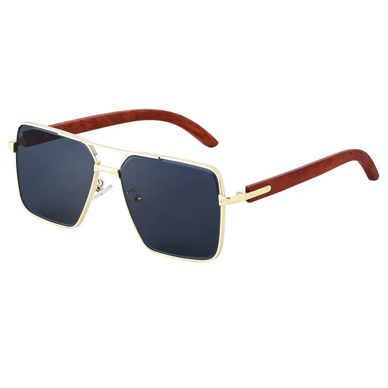 European and American Retro Metal Double Beam Square Sunglasses Men's Imitation Wood Grain Glasses Leg Driving Sunglasses Cross-Border Wholesaleshades