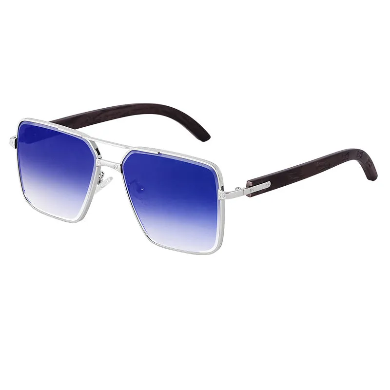 European and American Retro Metal Double Beam Square Sunglasses Men's Imitation Wood Grain Glasses Leg Driving Sunglasses Cross-Border Wholesaleshades