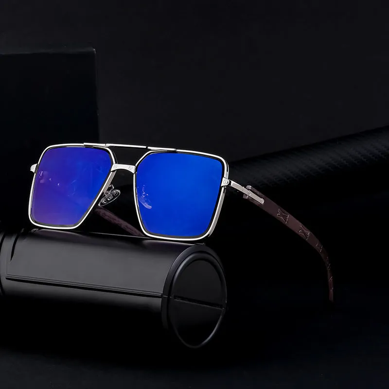 European and American Retro Metal Double Beam Square Sunglasses Men's Imitation Wood Grain Glasses Leg Driving Sunglasses Cross-Border Wholesaleshades