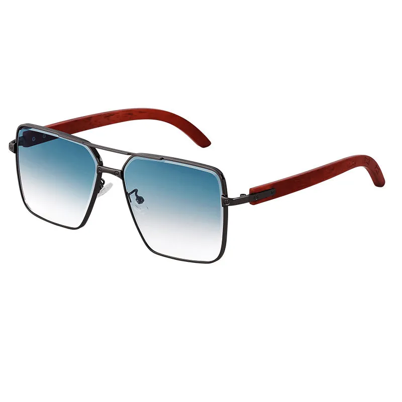 European and American Retro Metal Double Beam Square Sunglasses Men's Imitation Wood Grain Glasses Leg Driving Sunglasses Cross-Border Wholesaleshades