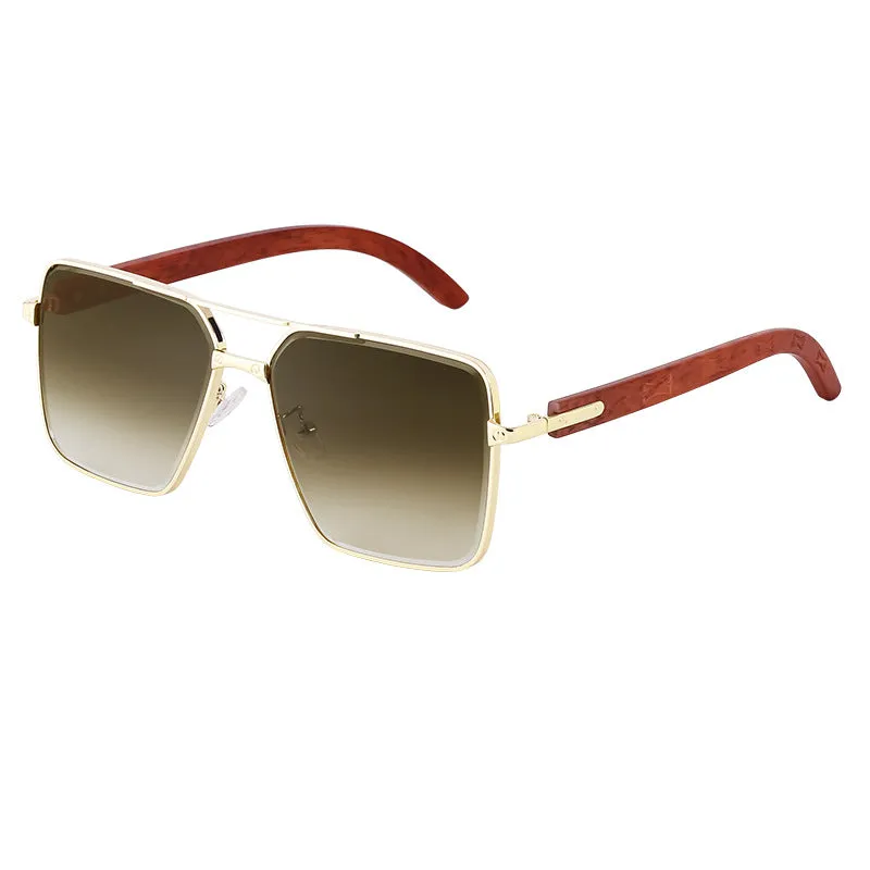European and American Retro Metal Double Beam Square Sunglasses Men's Imitation Wood Grain Glasses Leg Driving Sunglasses Cross-Border Wholesaleshades