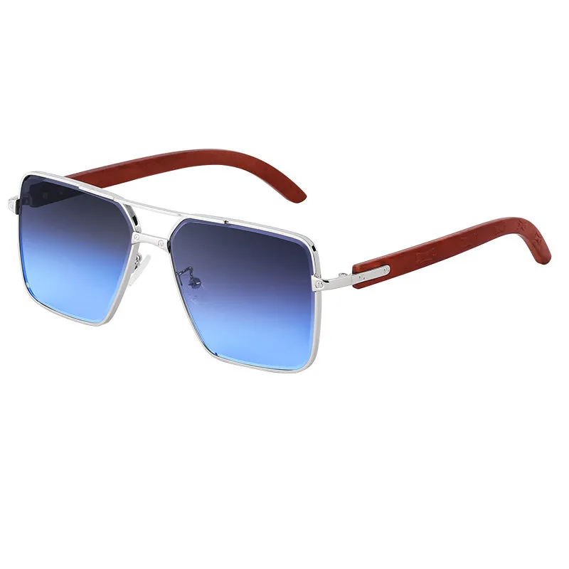 European and American Retro Metal Double Beam Square Sunglasses Men's Imitation Wood Grain Glasses Leg Driving Sunglasses Cross-Border Wholesaleshades