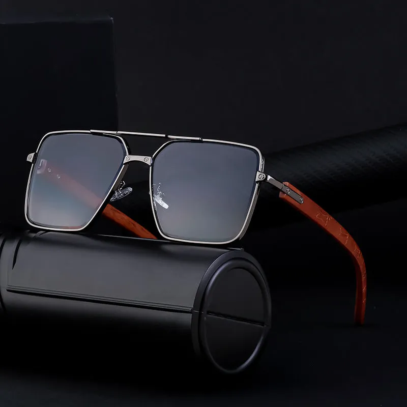 European and American Retro Metal Double Beam Square Sunglasses Men's Imitation Wood Grain Glasses Leg Driving Sunglasses Cross-Border Wholesaleshades
