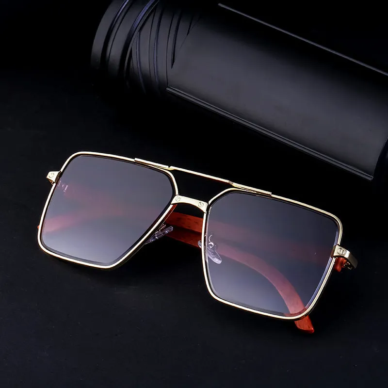 European and American Retro Metal Double Beam Square Sunglasses Men's Imitation Wood Grain Glasses Leg Driving Sunglasses Cross-Border Wholesaleshades