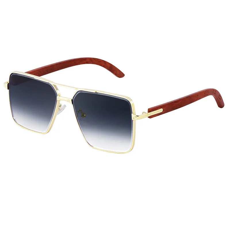 European and American Retro Metal Double Beam Square Sunglasses Men's Imitation Wood Grain Glasses Leg Driving Sunglasses Cross-Border Wholesaleshades