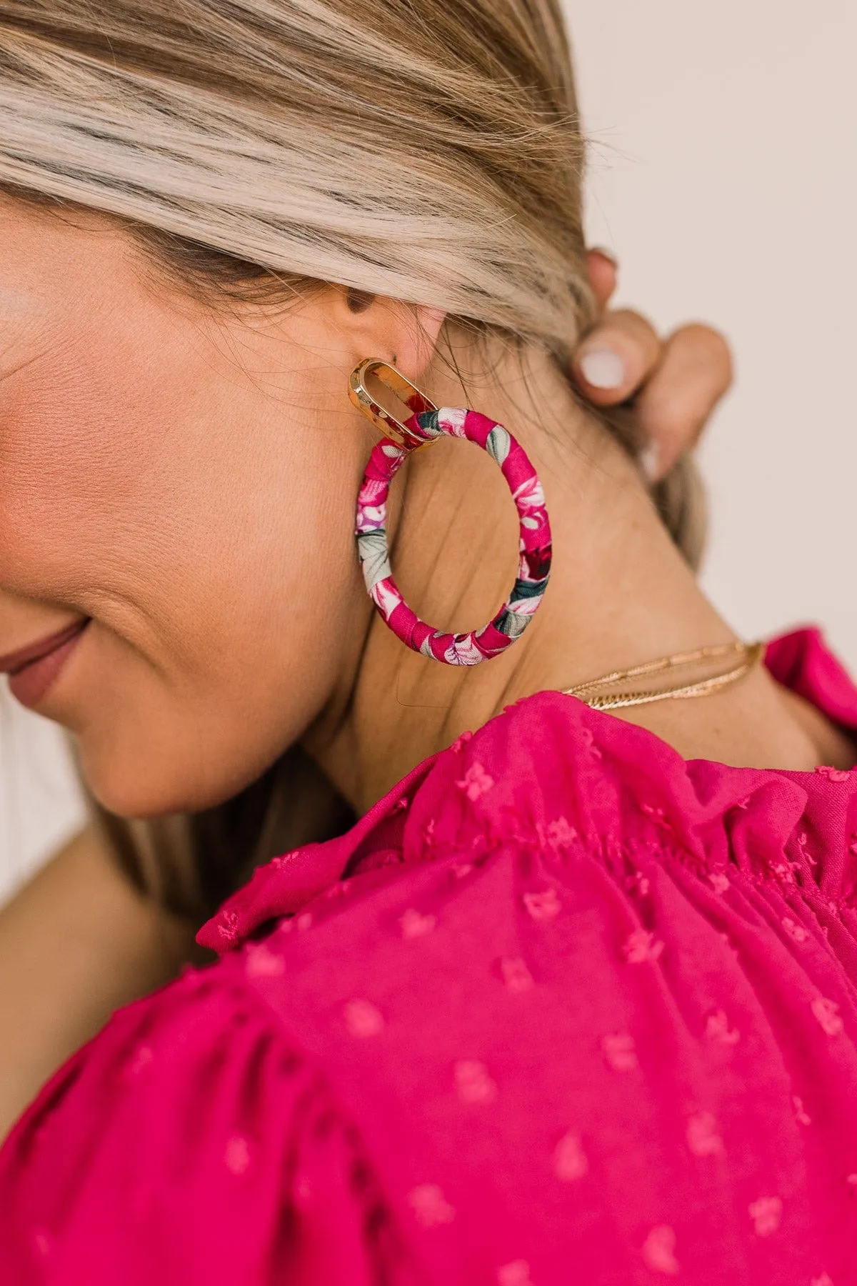Everlasting Style Floral Hoop Earrings- Fuchsia