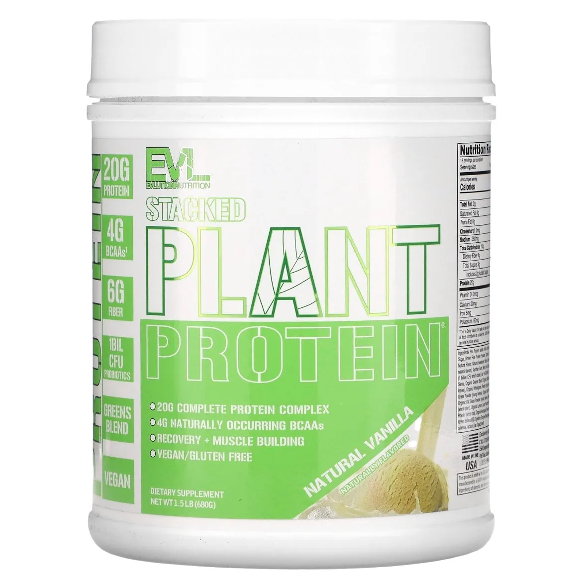 EVLution Nutrition Stacked Plant Protein Natural Vanilla 1.5 lb (680 g) EXP Jan 2027