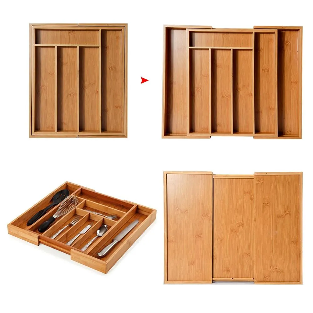 Expandable Bamboo Drawer Organizer Cutlery Tray for Tyding Up Kitchen Multi-Functional Drawer Storage Box