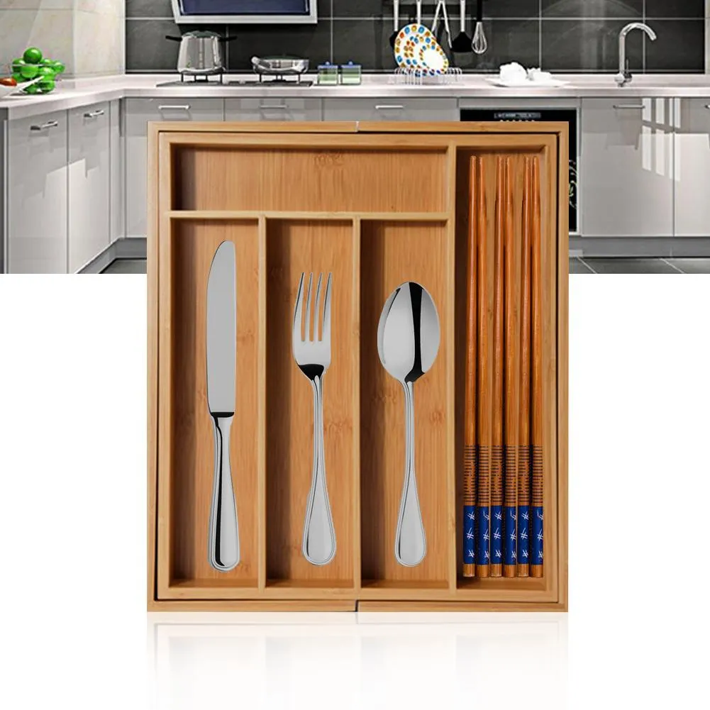 Expandable Bamboo Drawer Organizer Cutlery Tray for Tyding Up Kitchen Multi-Functional Drawer Storage Box