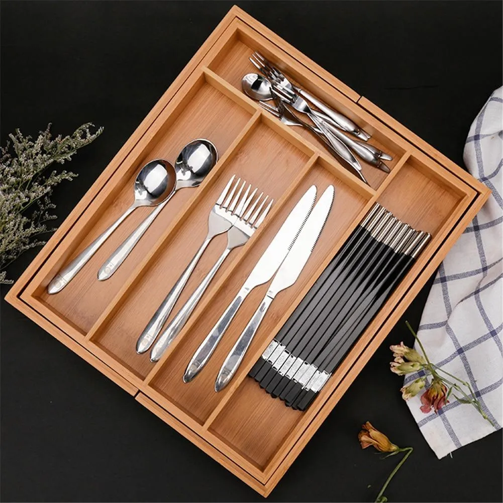 Expandable Bamboo Drawer Organizer Cutlery Tray for Tyding Up Kitchen Multi-Functional Drawer Storage Box