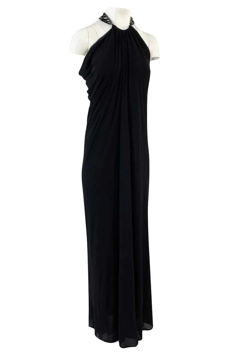 Fall 2005 Alexander McQueen Black Draped Silk Jersey Crepe Dress w Beaded Collar