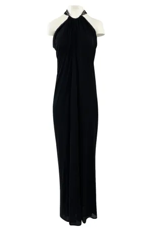 Fall 2005 Alexander McQueen Black Draped Silk Jersey Crepe Dress w Beaded Collar