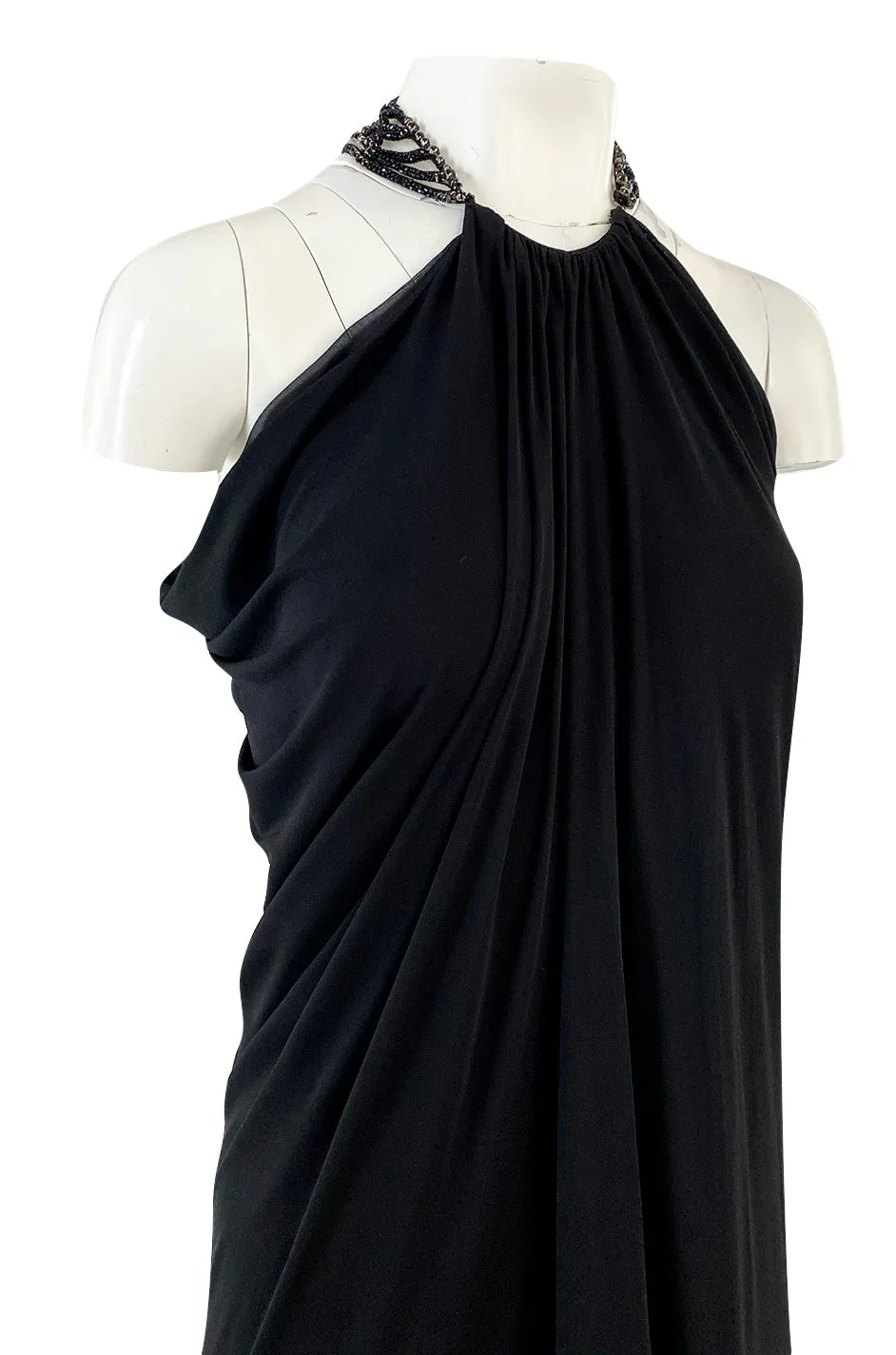 Fall 2005 Alexander McQueen Black Draped Silk Jersey Crepe Dress w Beaded Collar