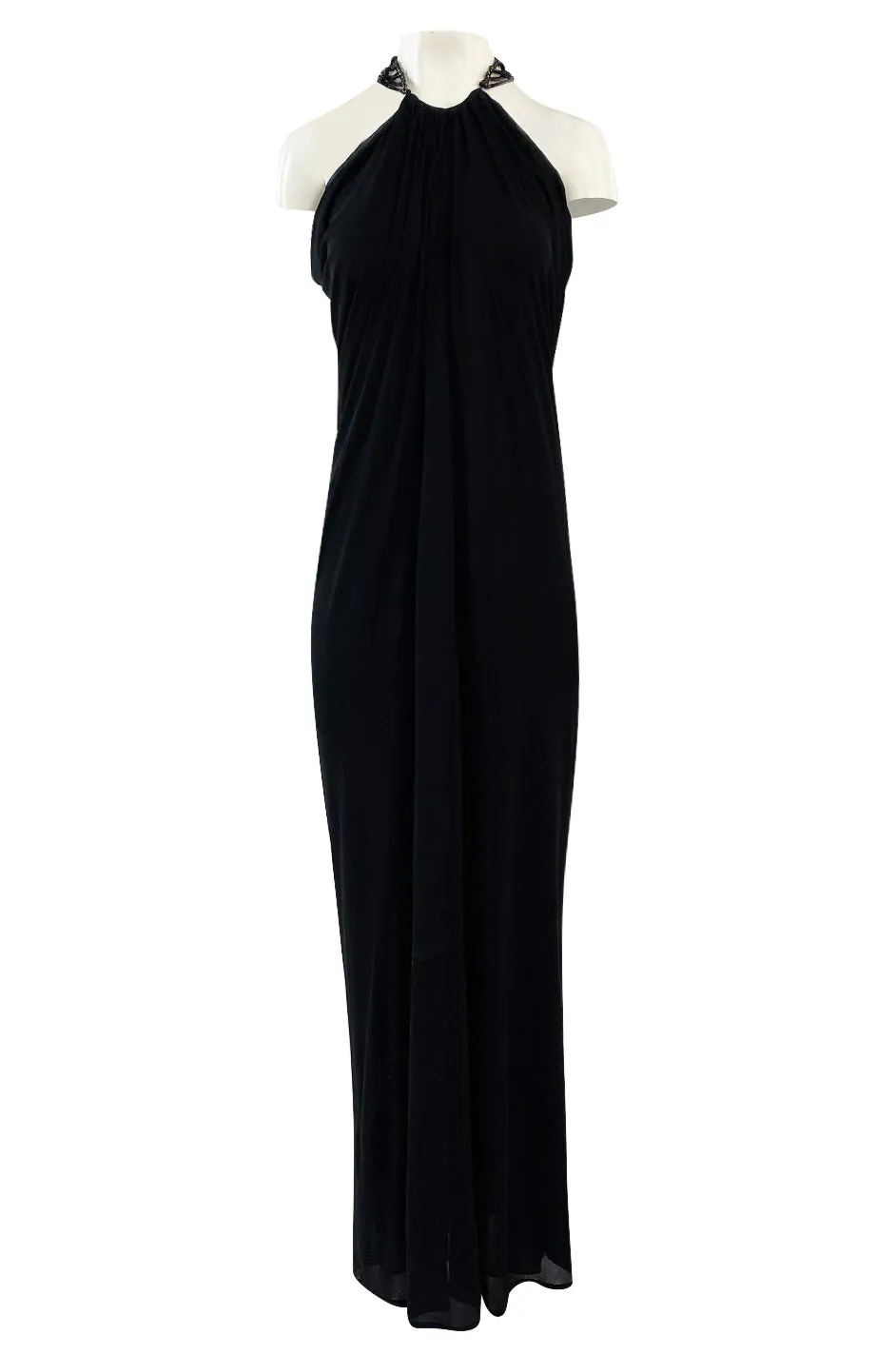Fall 2005 Alexander McQueen Black Draped Silk Jersey Crepe Dress w Beaded Collar