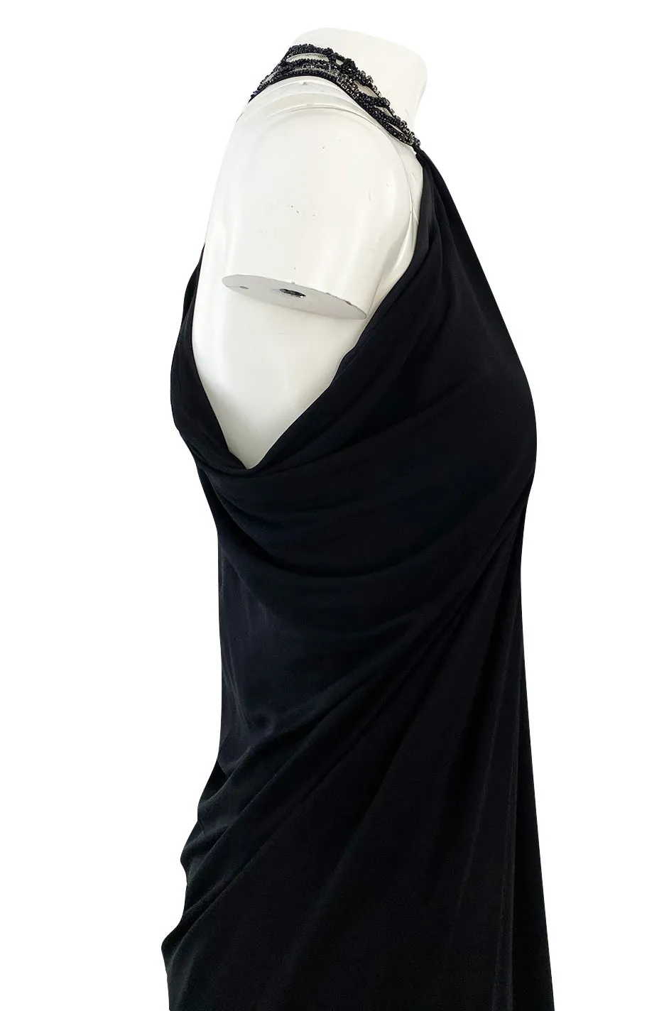 Fall 2005 Alexander McQueen Black Draped Silk Jersey Crepe Dress w Beaded Collar