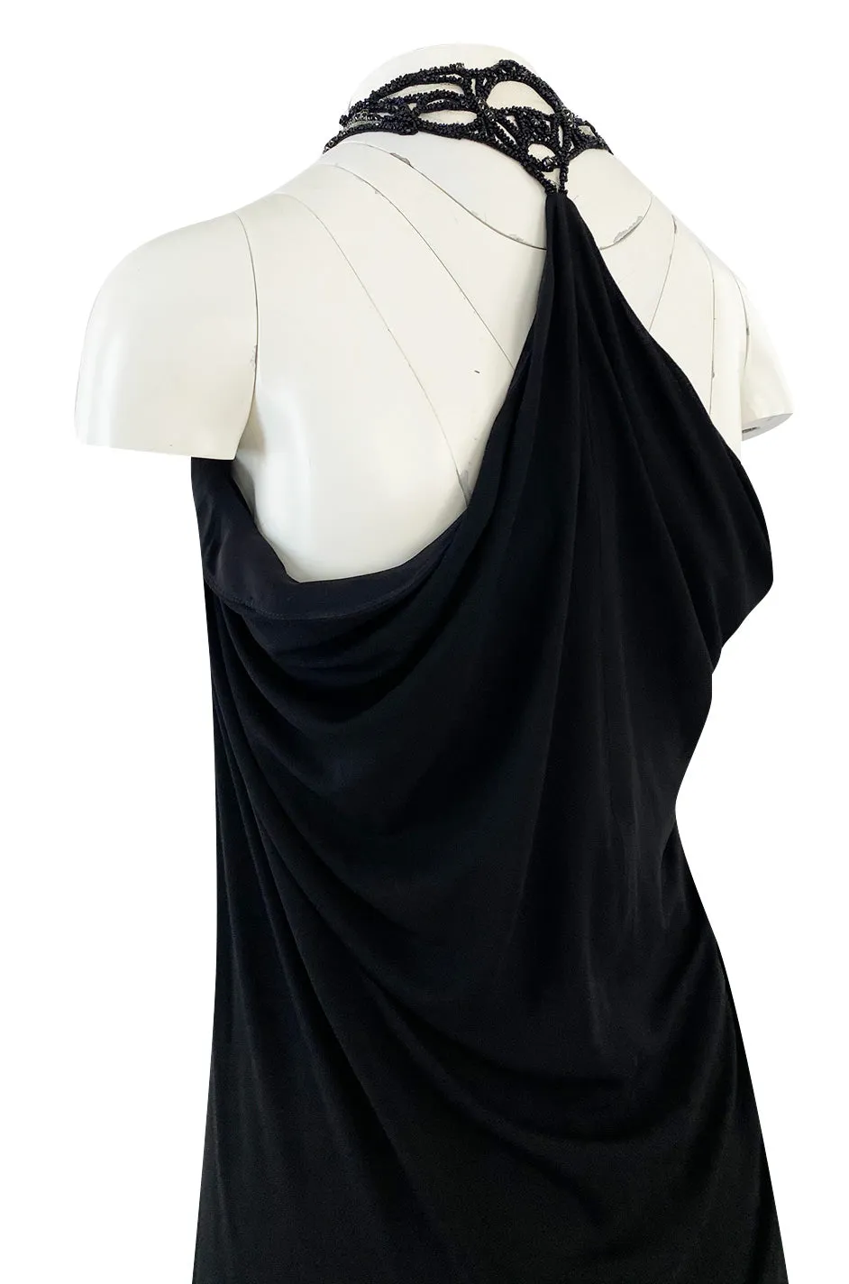 Fall 2005 Alexander McQueen Black Draped Silk Jersey Crepe Dress w Beaded Collar