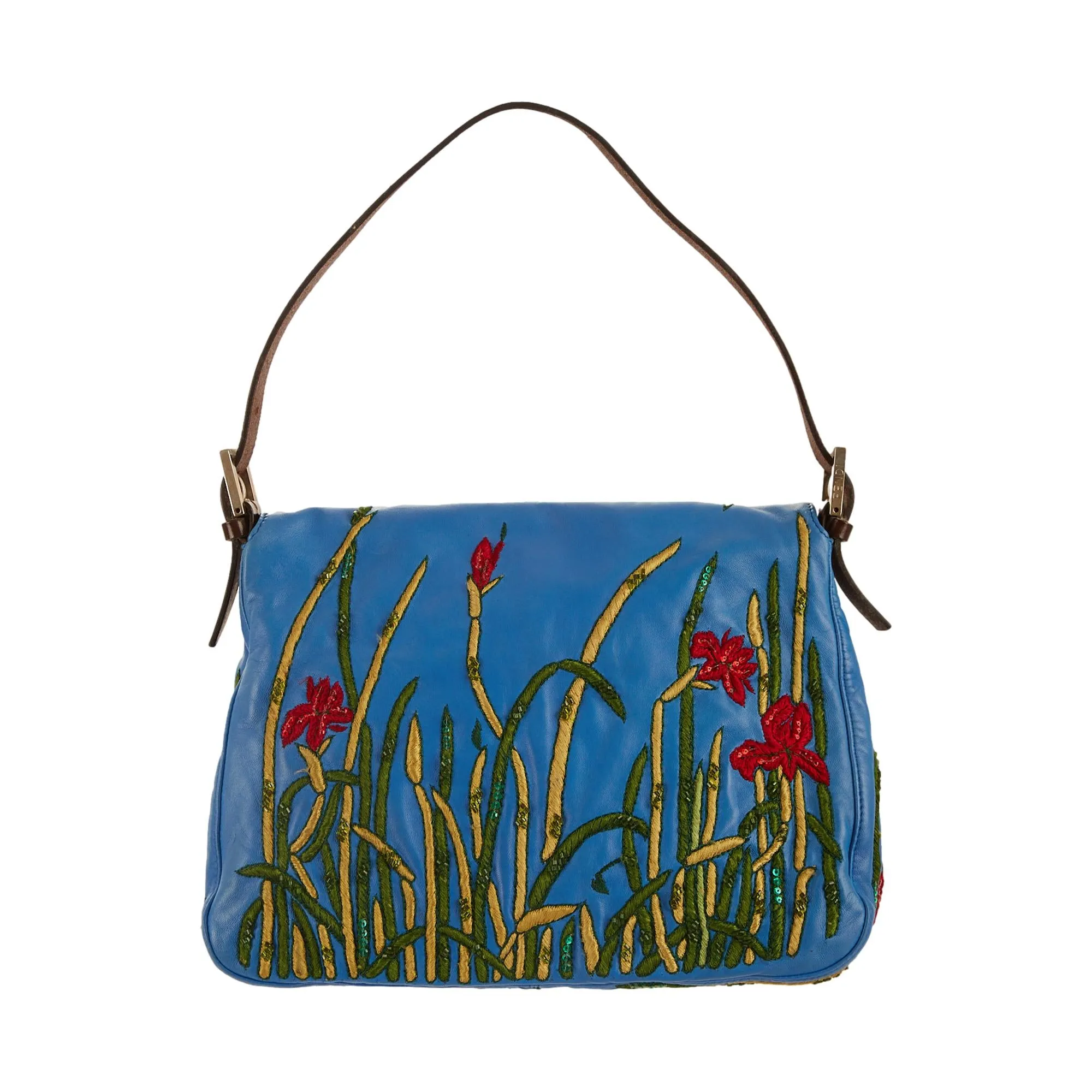 Fendi Blue Leather Embroidered Mama Baguette