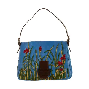Fendi Blue Leather Embroidered Mama Baguette