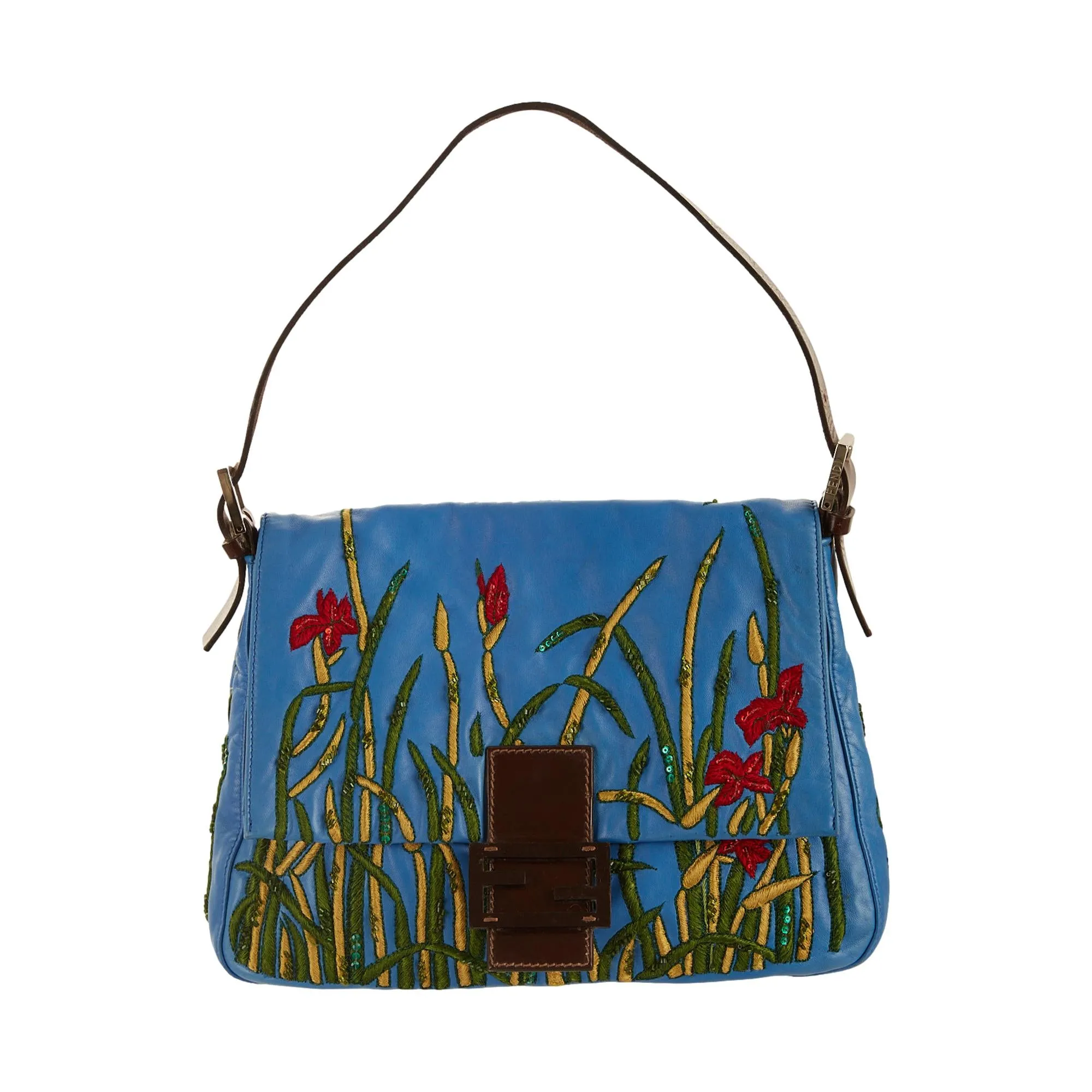 Fendi Blue Leather Embroidered Mama Baguette