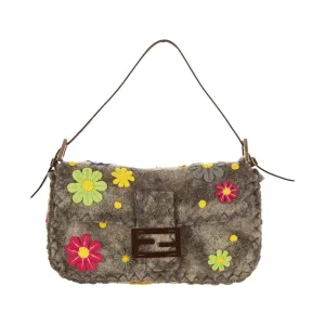 Fendi Grey Floral Felt Baguette