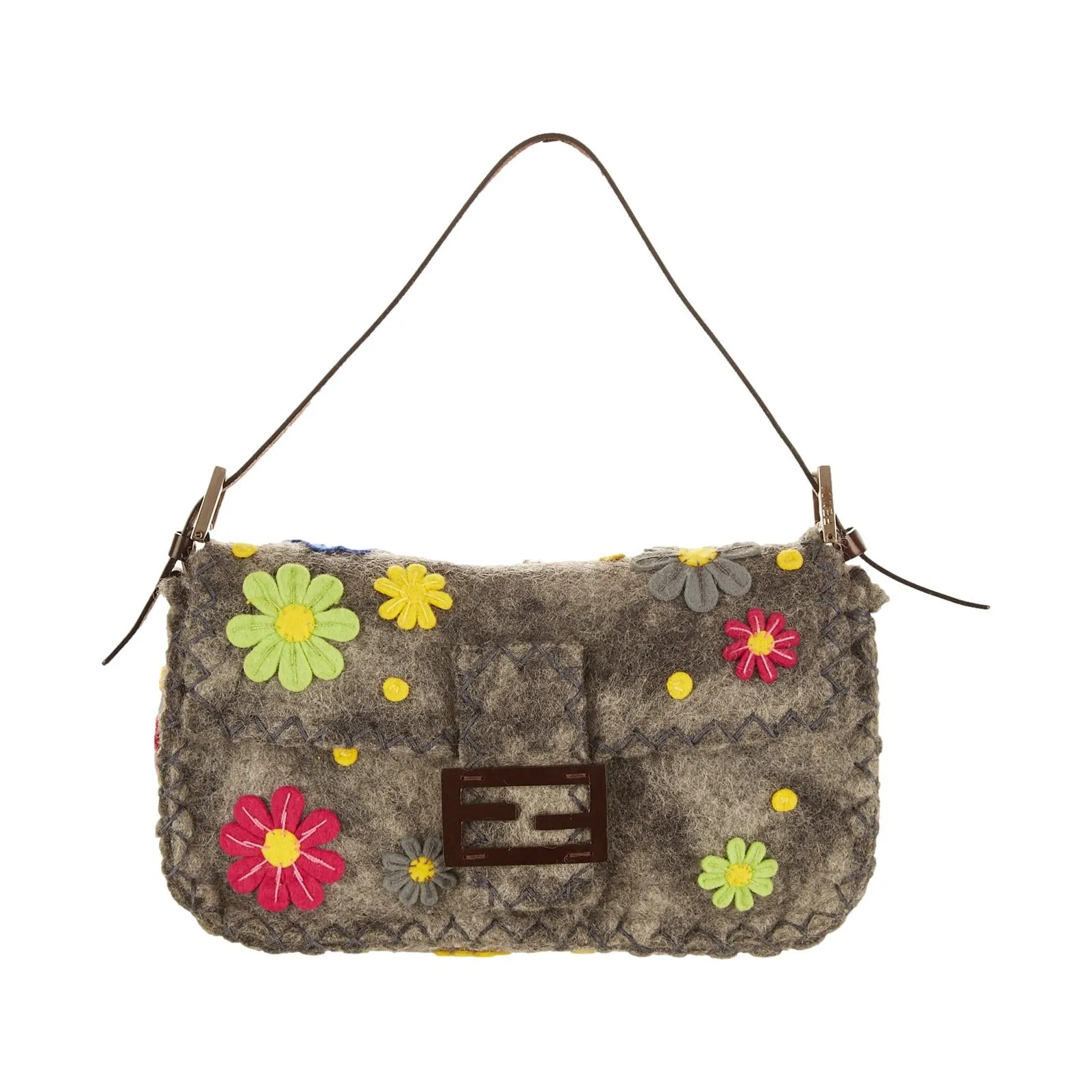 Fendi Grey Floral Felt Baguette