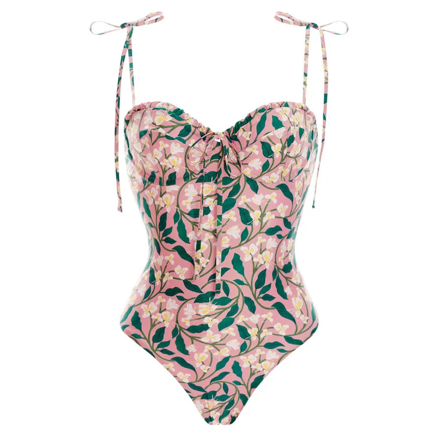 Floral Print Tied Strap Spaghetti Strap One Piece Swimsuit